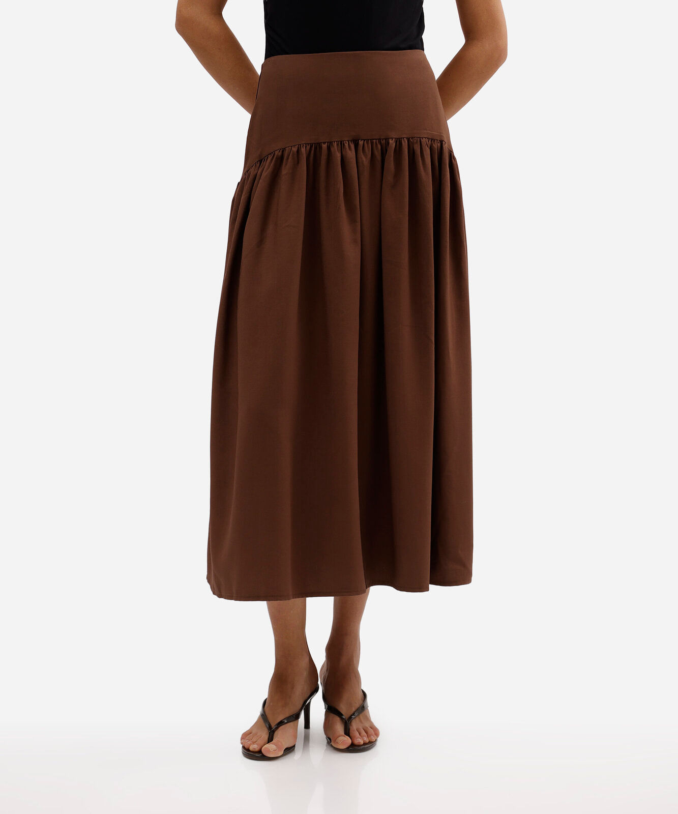 saia midi feminina com recorte franzida marrom