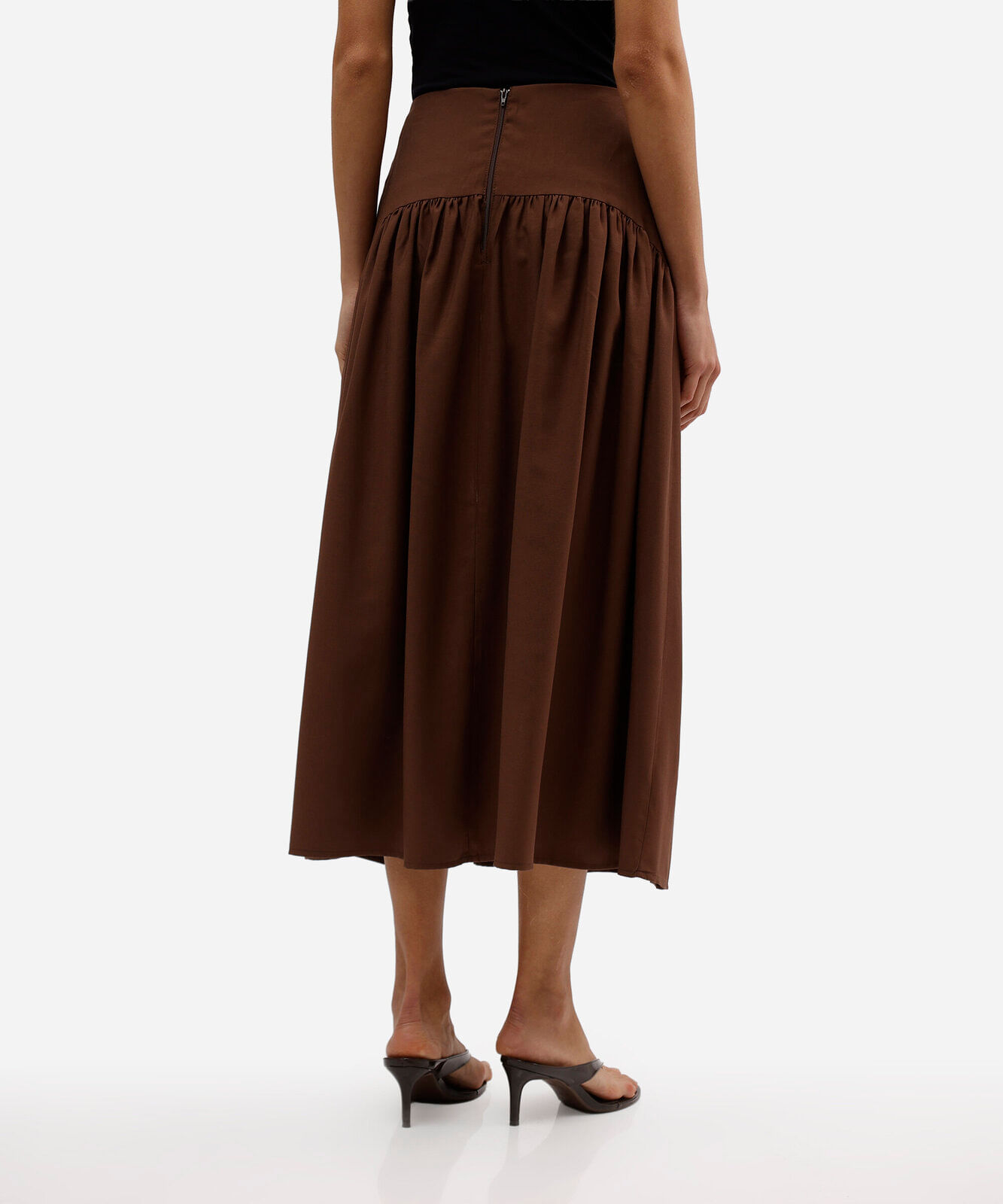 saia midi feminina com recorte franzida marrom