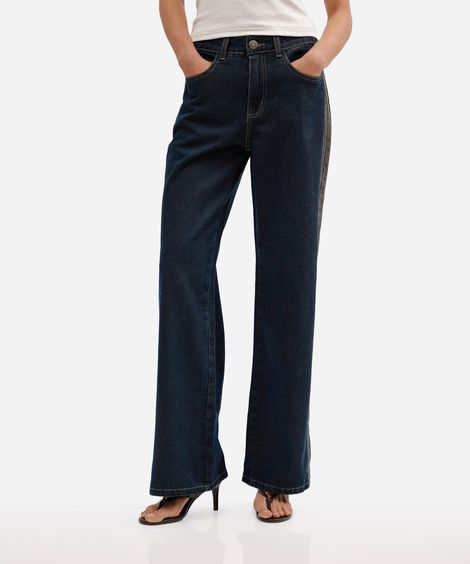 calça wide leg feminina jeans com recorte e fenda cintura alta sawary azul