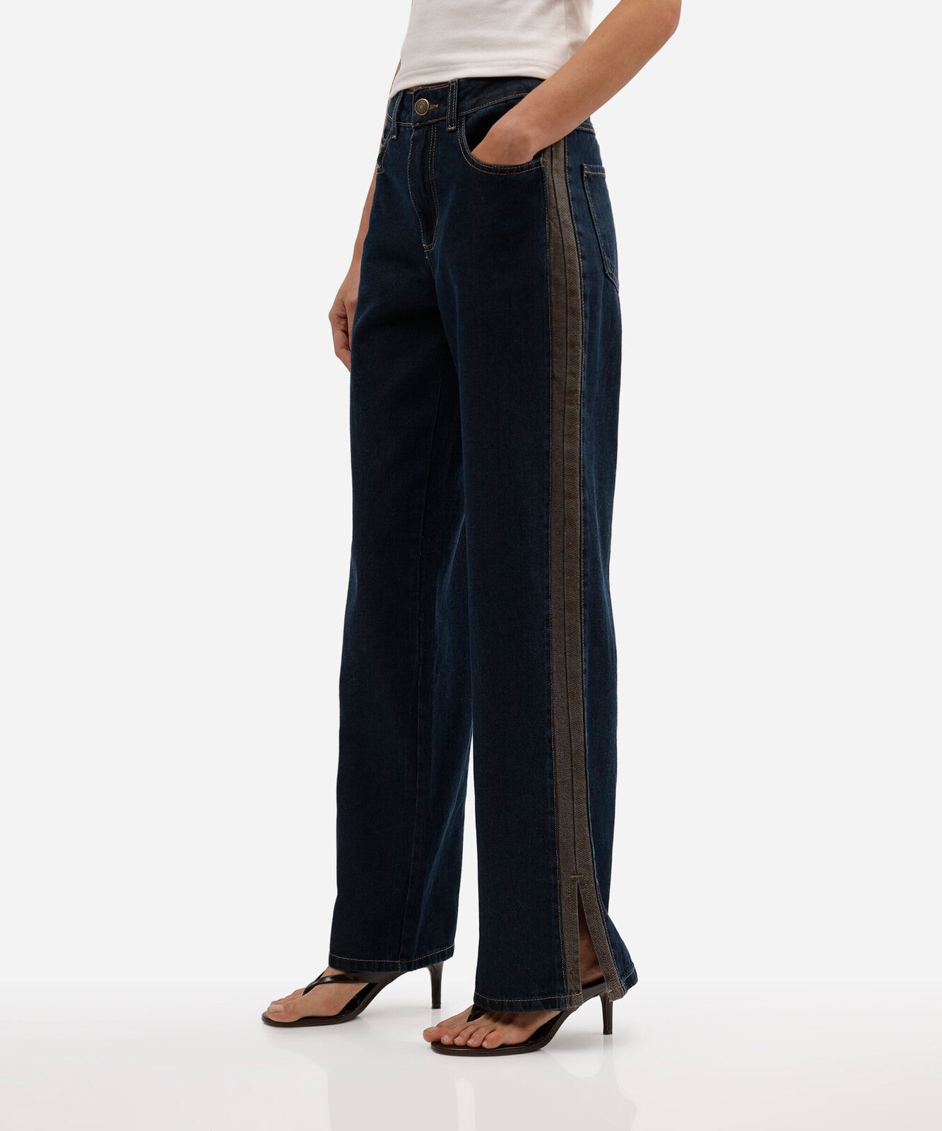 calça wide leg feminina jeans com recorte e fenda cintura alta sawary azul