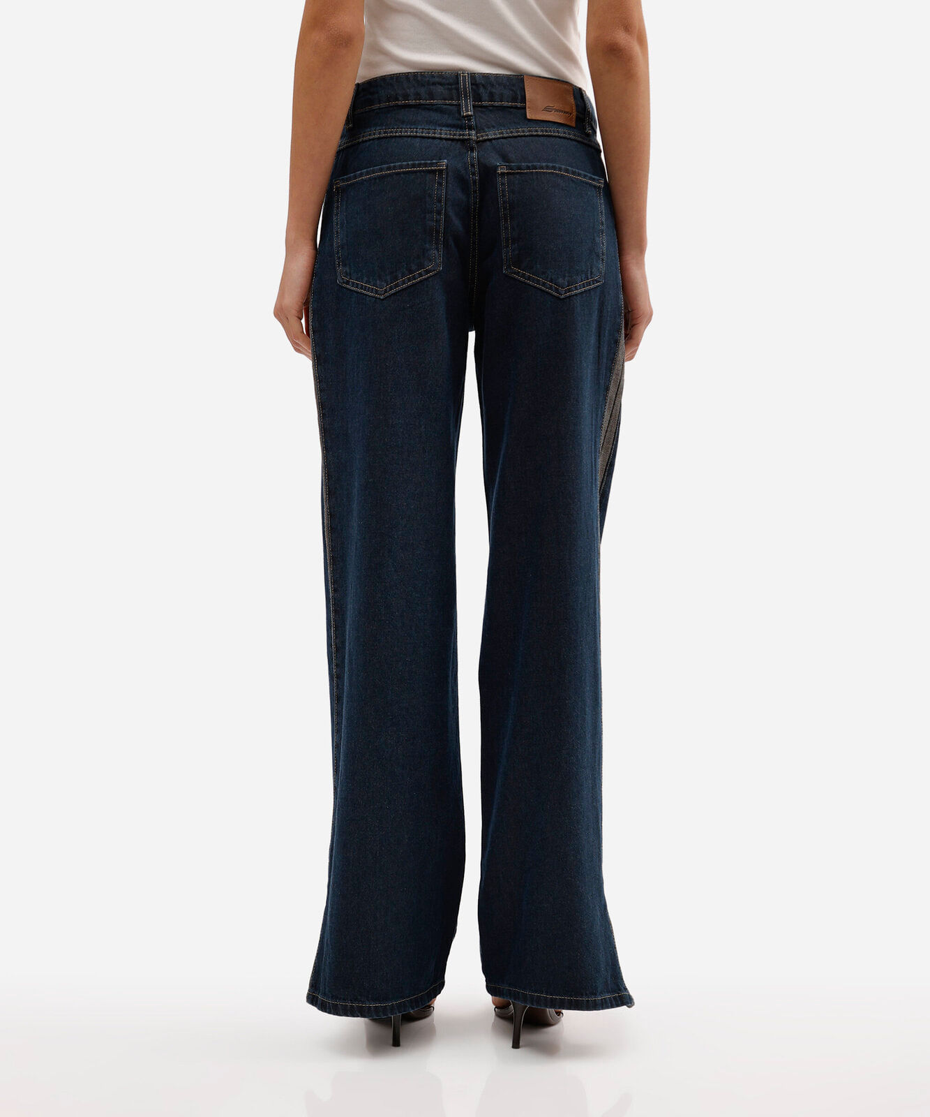 calça wide leg feminina jeans com recorte e fenda cintura alta sawary azul