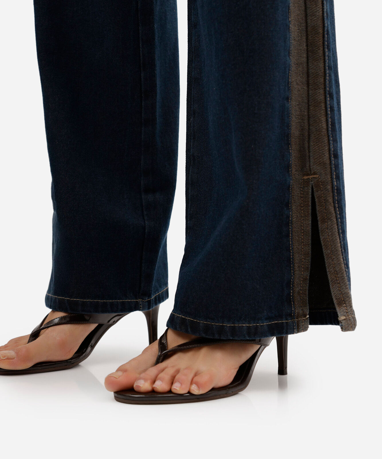 calça wide leg feminina jeans com recorte e fenda cintura alta sawary azul