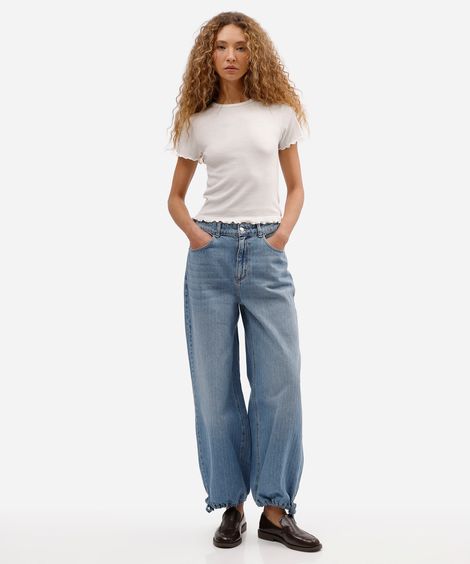calça balloon feminina jeans com barra ajustável azul