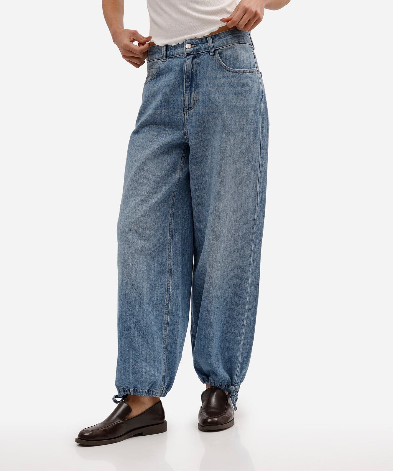 calça balloon feminina jeans com barra ajustável azul