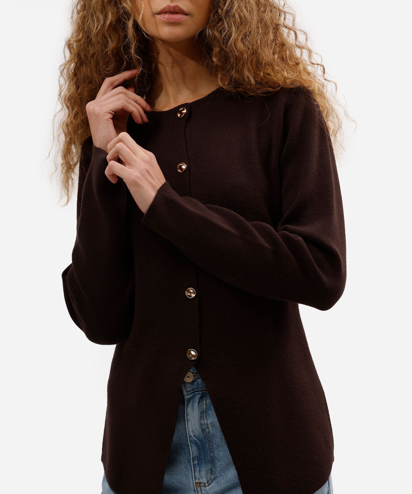 cardigan feminino de tricot assimétrico marrom