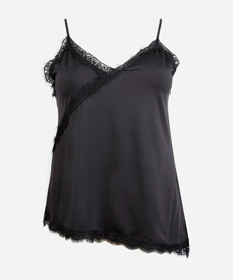 top de alça fina plus size assimétrico com renda preta