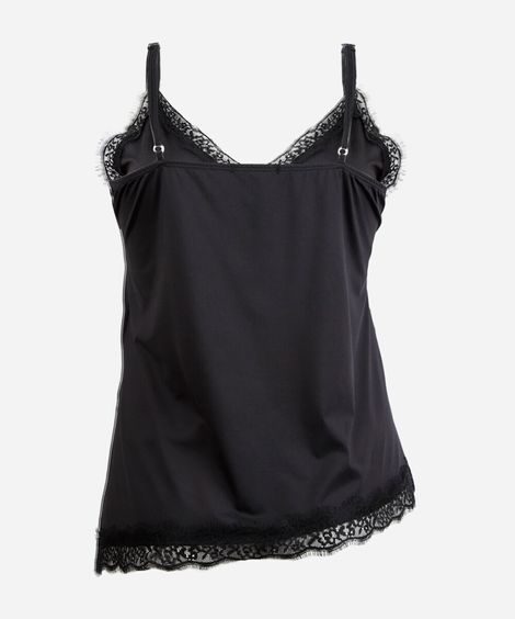 top de alça fina plus size assimétrico com renda preta