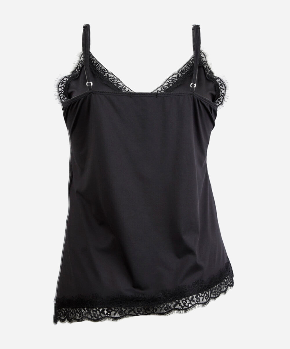 top de alça fina plus size assimétrico com renda preta