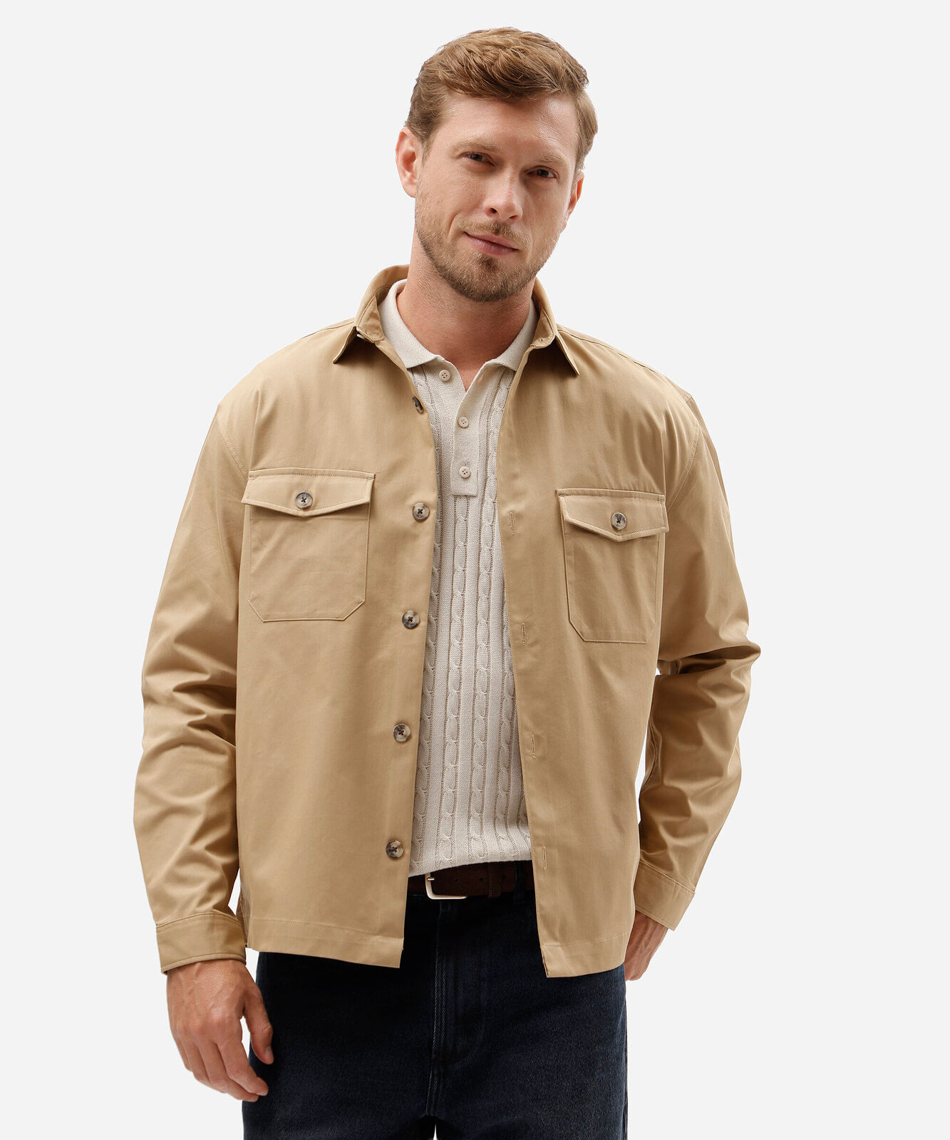 jaqueta de sarja masculina comfort com bolsos frontais bege