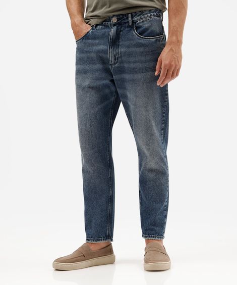 calça jeans reta masculina de algodão estonada jeans escuro azul