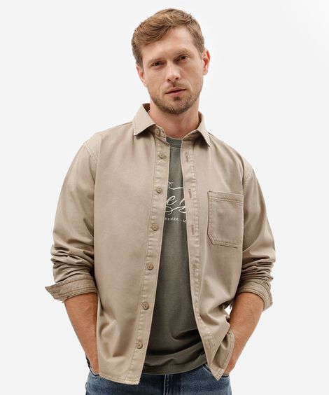 camisa masculina de sarja manga longa bege