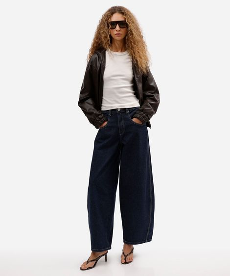 calça barrel oversized feminina jeans cintura média azul