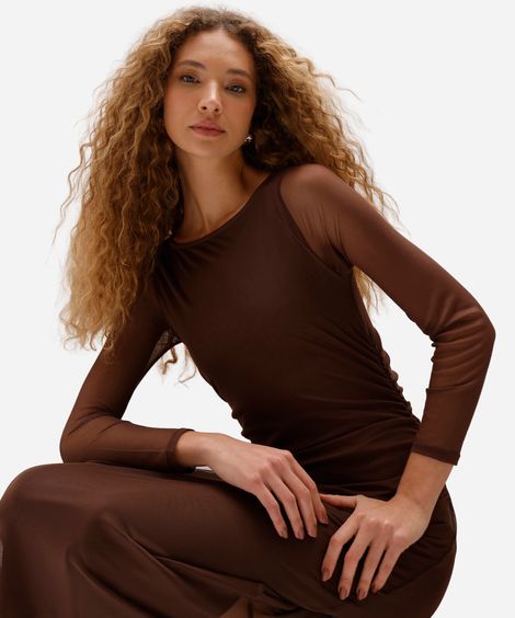 vestido midi feminino de tule manga longa franzido marrom