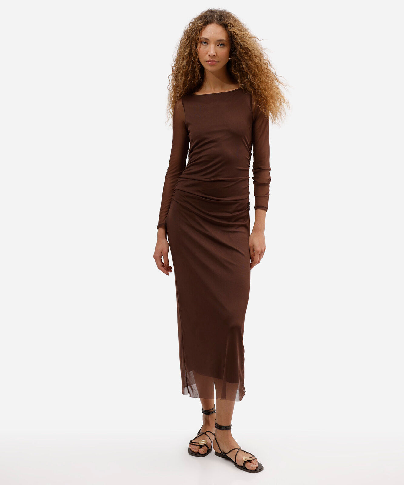 vestido midi feminino de tule manga longa franzido marrom