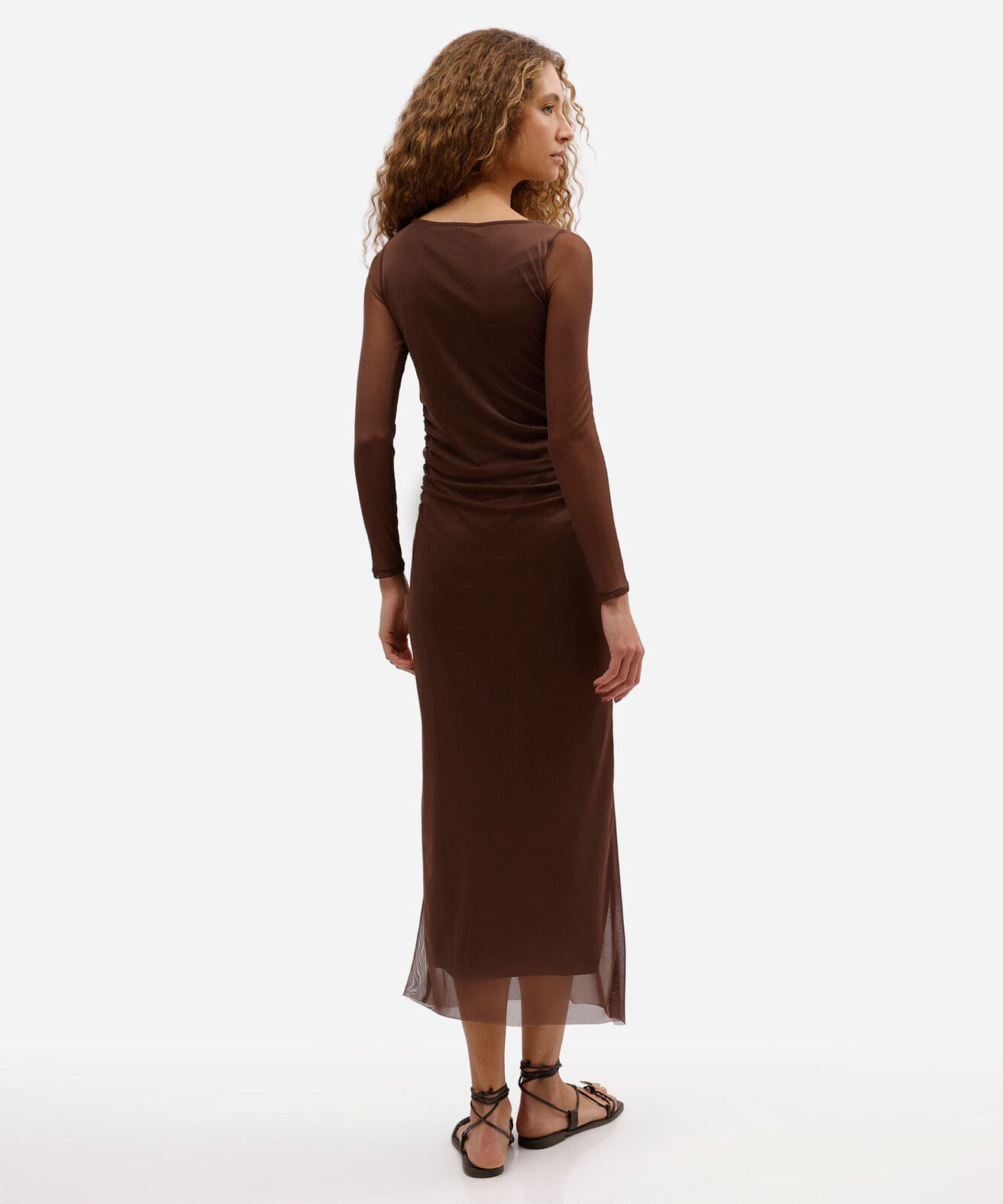 vestido midi feminino de tule manga longa franzido marrom