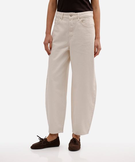 calça de sarja balloon feminina com cintura alta bege