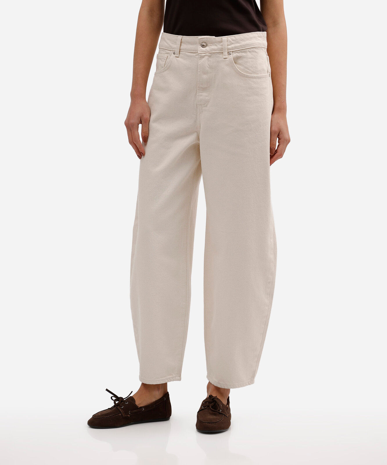 calça de sarja balloon feminina com cintura alta bege