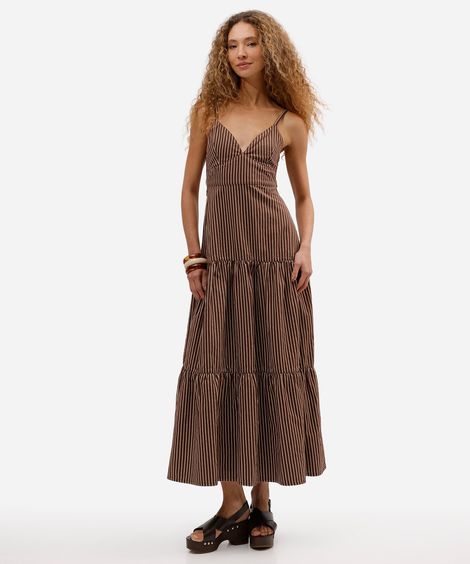 vestido midi alça fina feminino de sarja listrado marrom