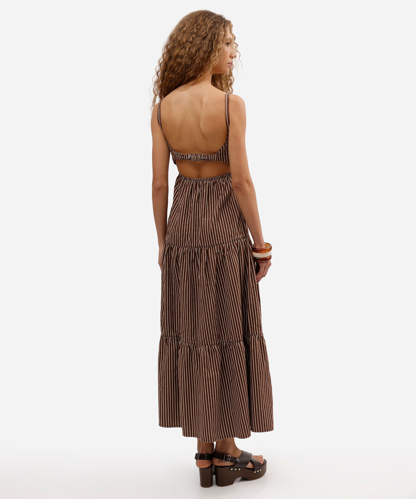 vestido midi alça fina feminino de sarja listrado marrom