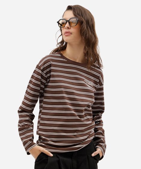 camiseta feminina de algodão manga longa listrada marrom