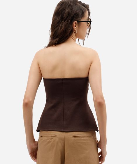 top feminino estruturado estilo corset sem alças com decote coração marrom