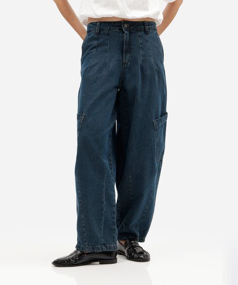 calça baggy cargo feminina jeans cintura média azul