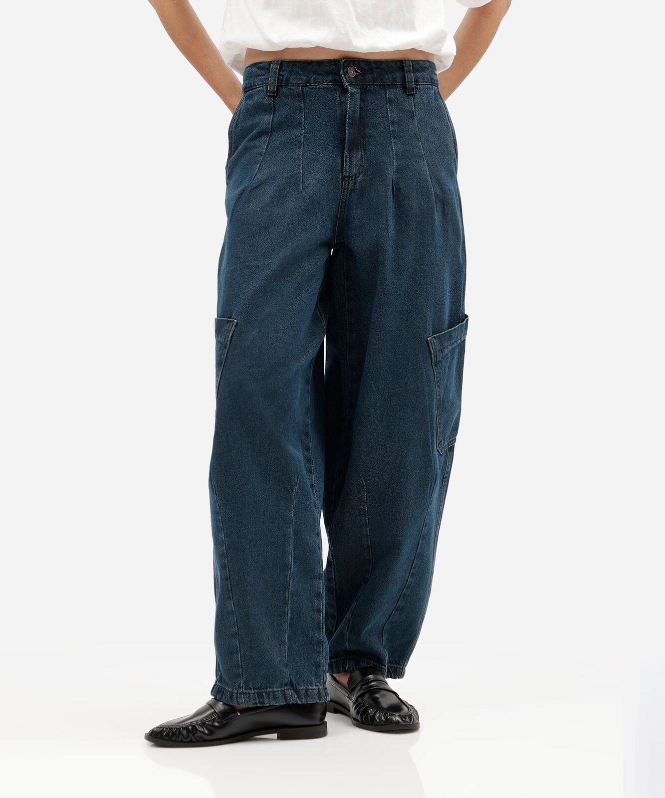 calça baggy cargo feminina jeans cintura média azul