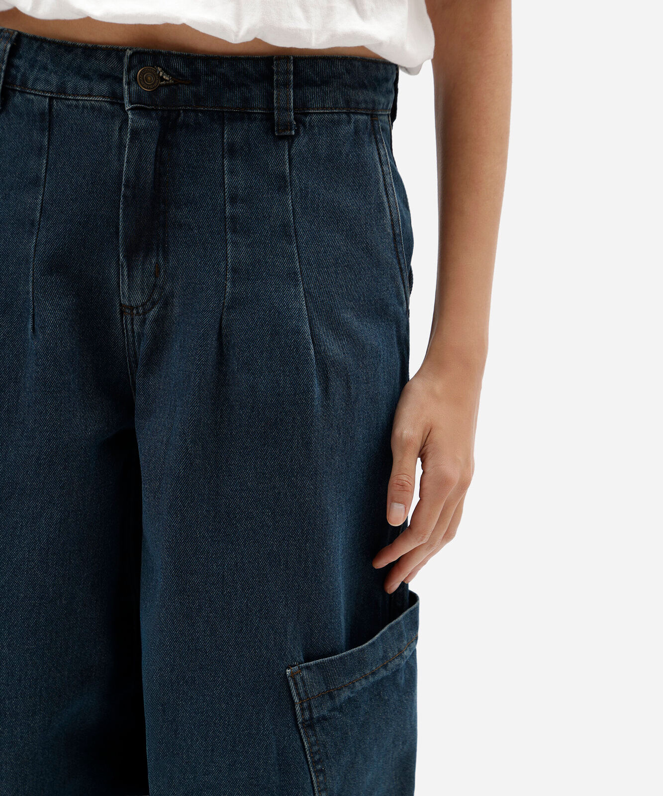 calça baggy cargo feminina jeans cintura média azul