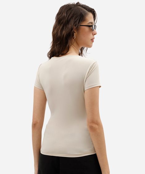 blusa baby look feminina de poliamida franzida bege