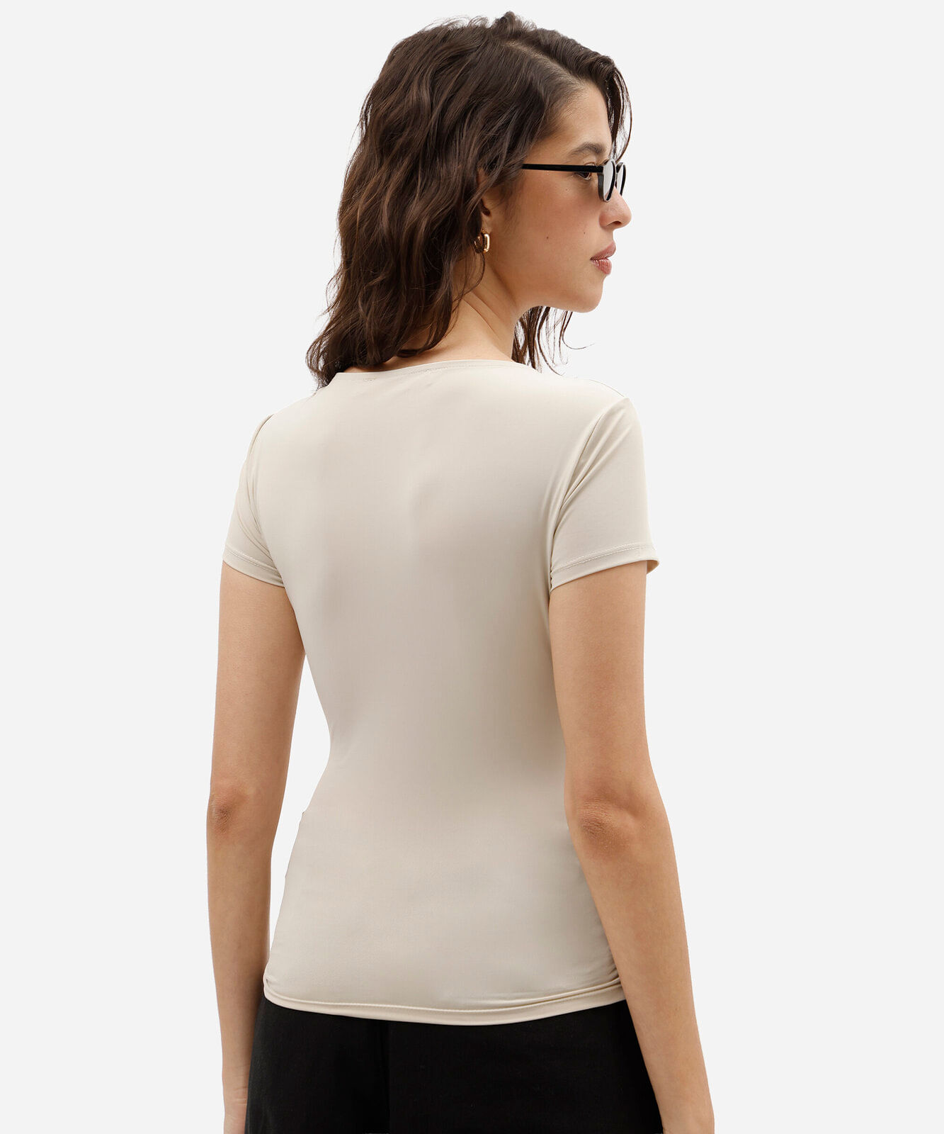 blusa baby look feminina de poliamida franzida bege