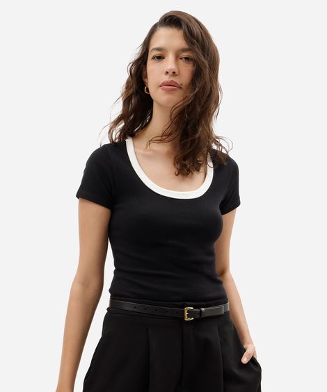blusa feminina de algodão decote redondo manga curta preta