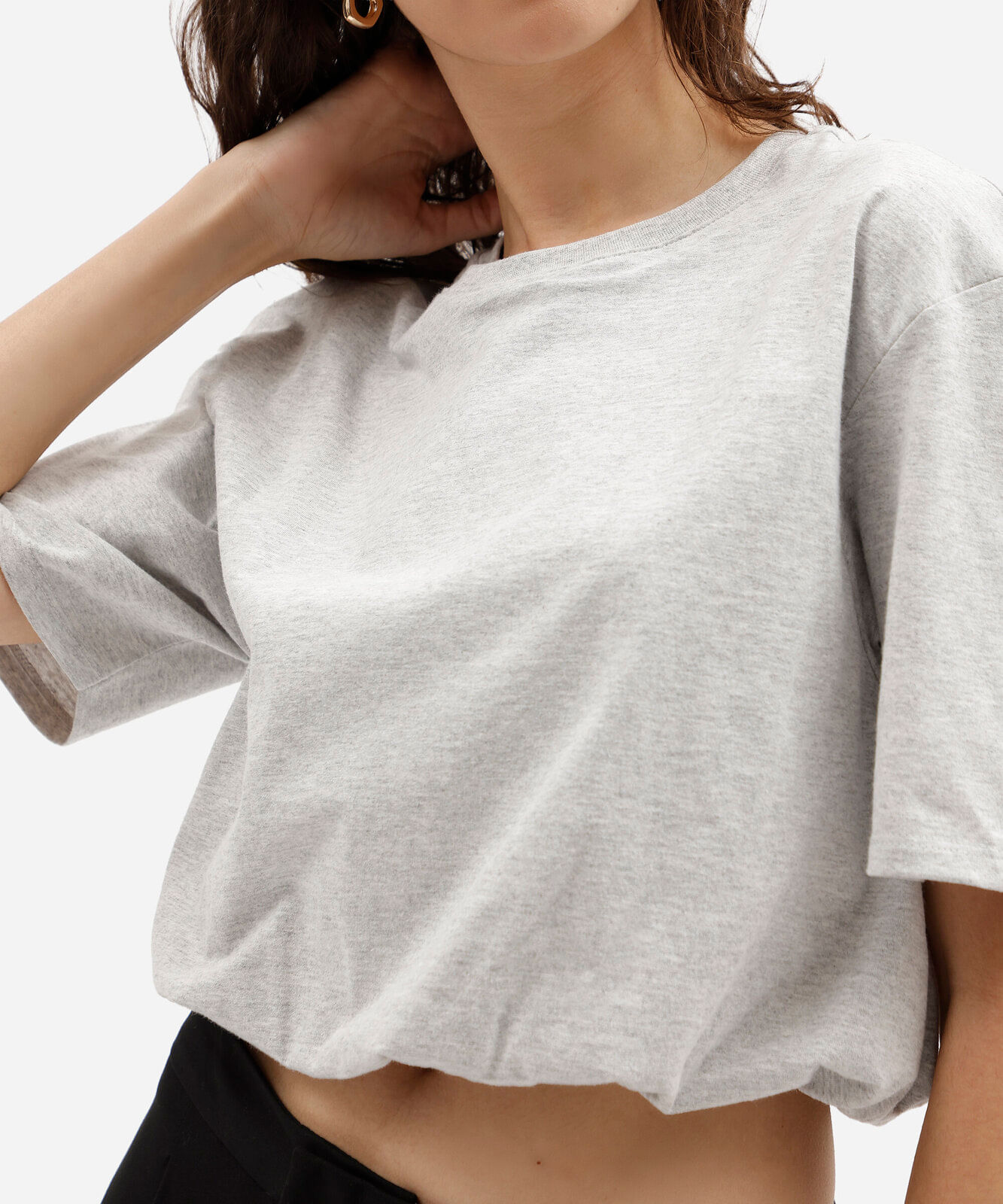 blusa cropped feminina balonê em malha de algodão cinza