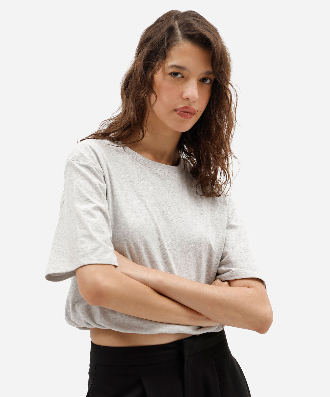 blusa cropped feminina balonê em malha de algodão cinza