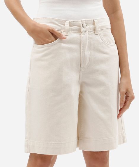 bermuda jorts feminina de sarja cintura alta bege