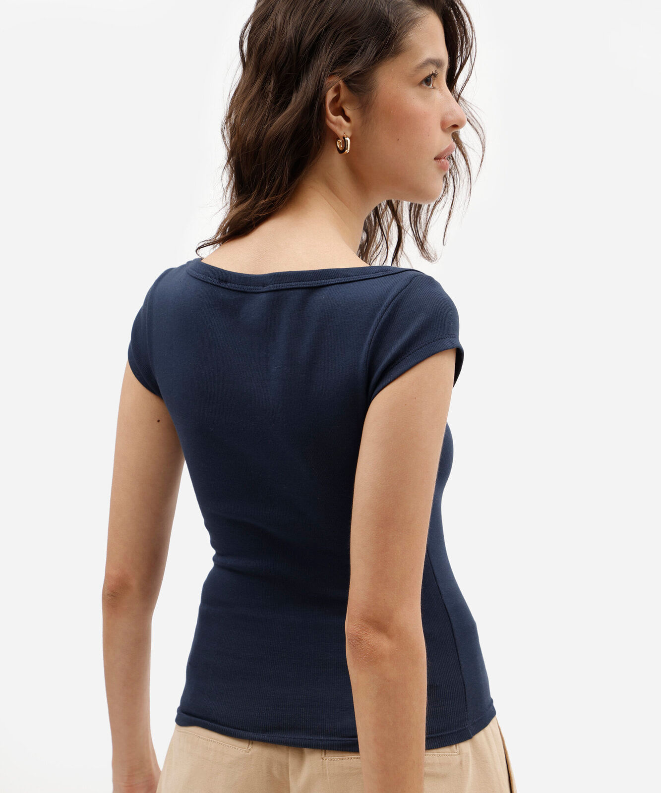 blusa feminina decote canoa manga curta azul