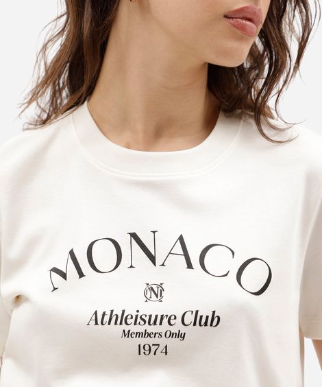 camiseta feminina de algodão peruano manga curta estampada off white