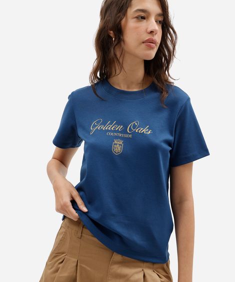 camiseta feminina de algodão peruano manga curta estampada azul