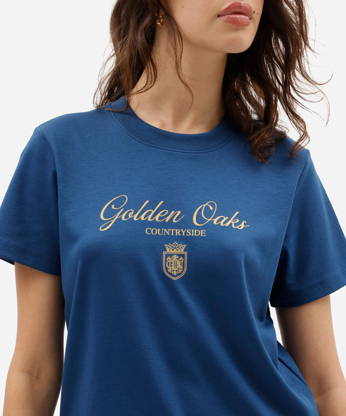 camiseta feminina de algodão peruano manga curta estampada azul