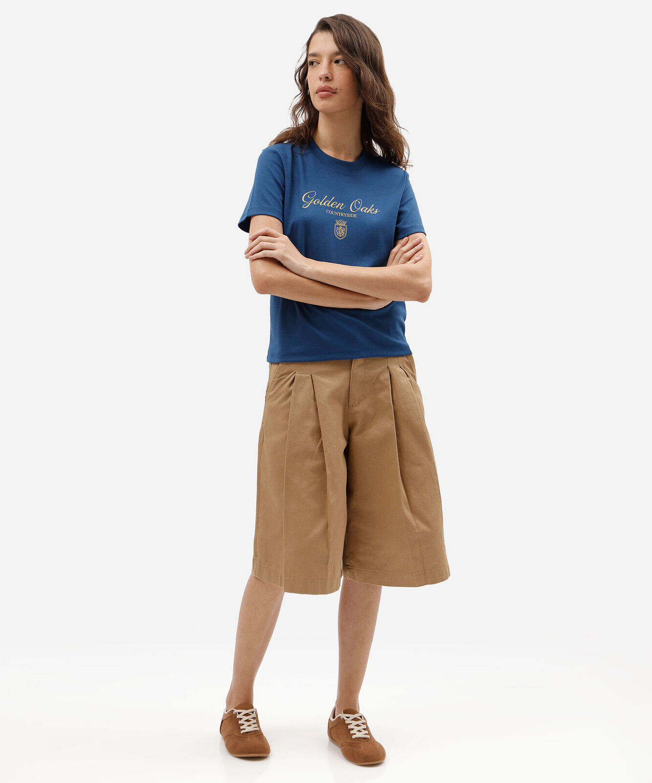 camiseta feminina de algodão peruano manga curta estampada azul
