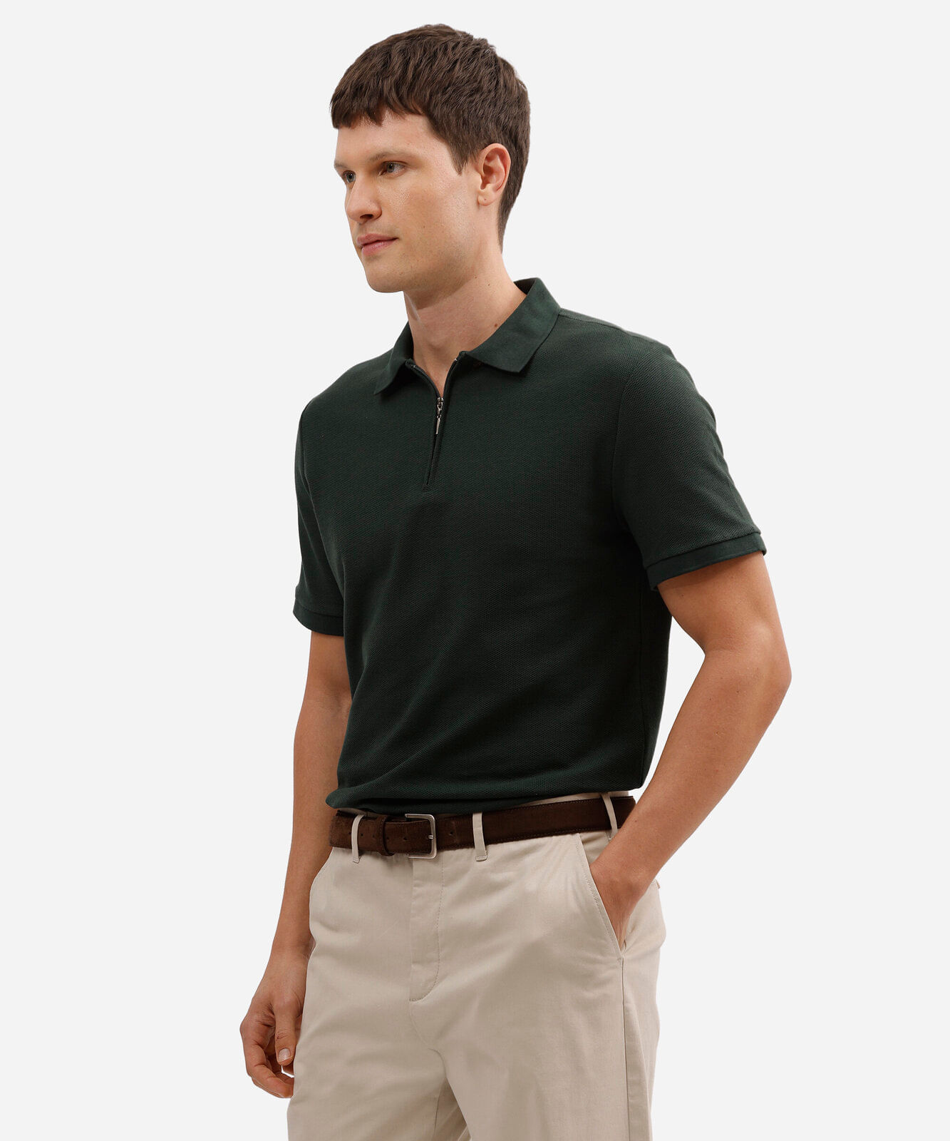 polo em piquet com zíper manga curta  verde escuro