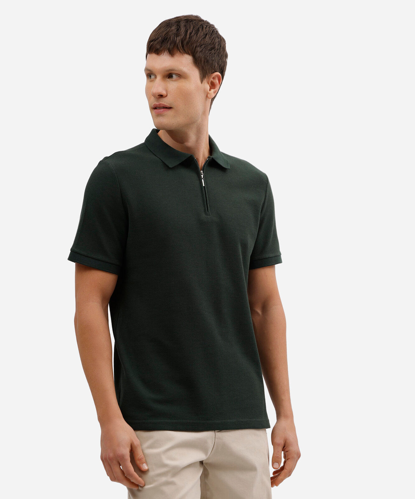 polo em piquet com zíper manga curta verde escuro