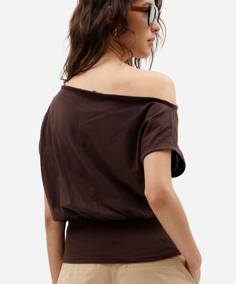blusa feminina de algodão manga curta assimétrica marrom