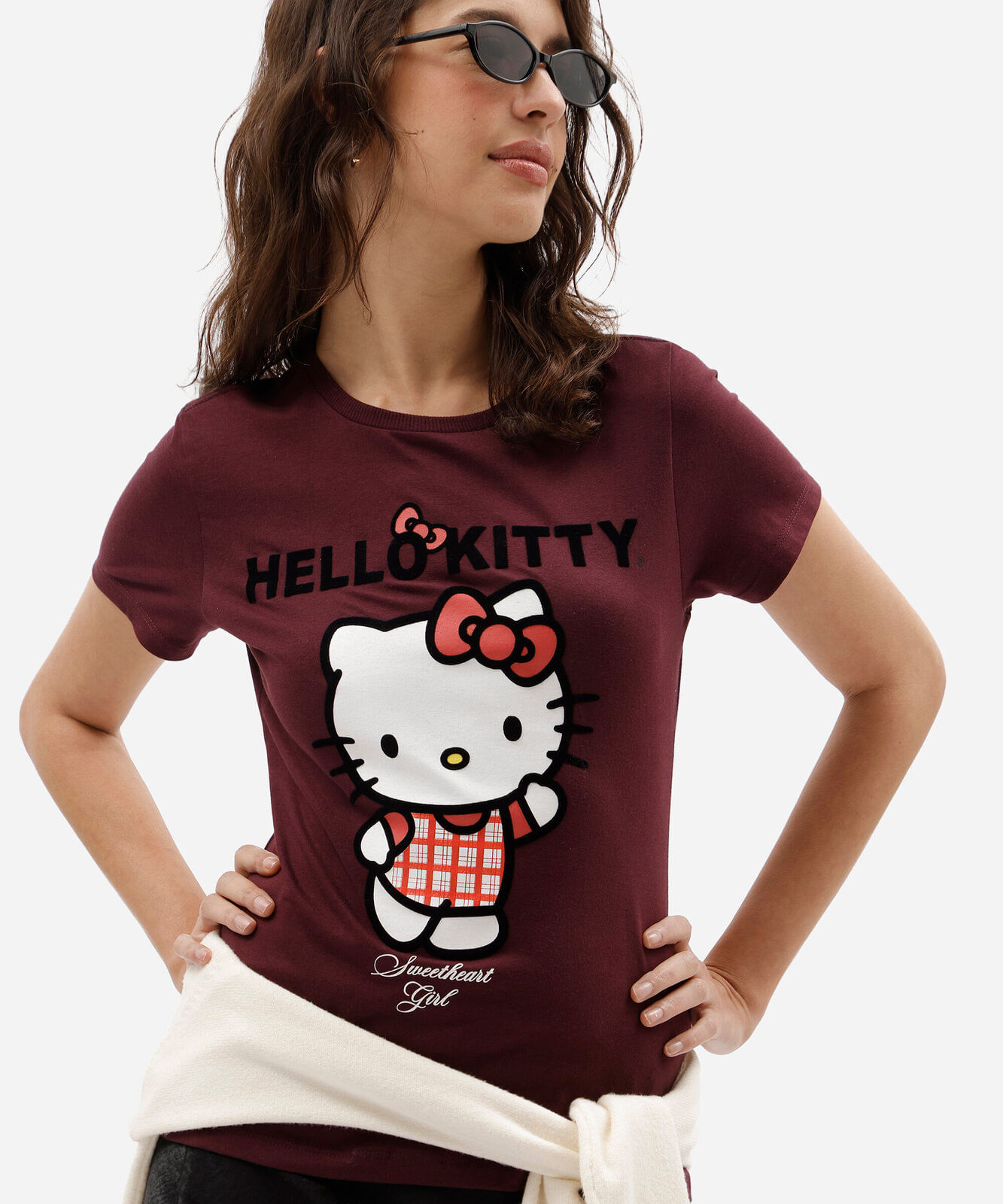 camiseta feminina de algodão manga curta hello kitty vinho
