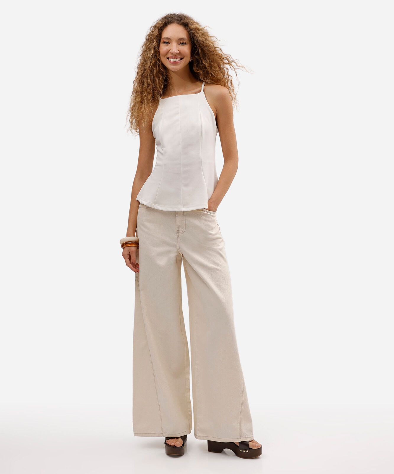 regata peplum feminina alça fina com recortes off white