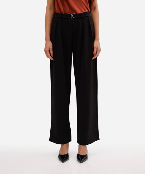 calça feminina wide leg pregas com fivela preta