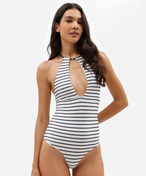 maiô feminino alça fina listrado off white