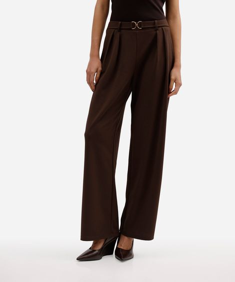 calça feminina wide leg pregas com fivela marrom