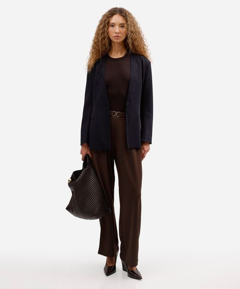 calça feminina wide leg pregas com fivela marrom