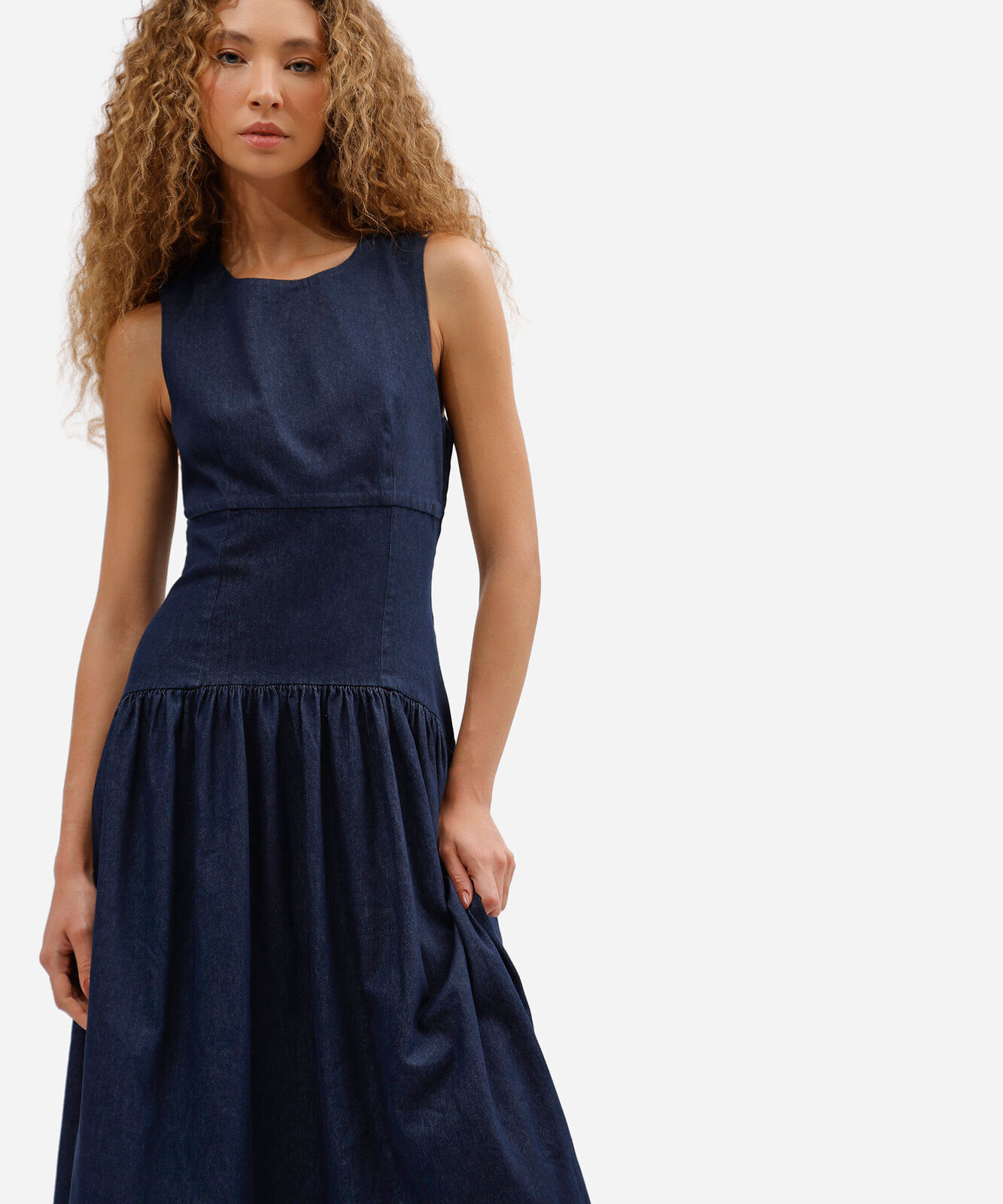 vestido midi feminino jeans com recorte azul