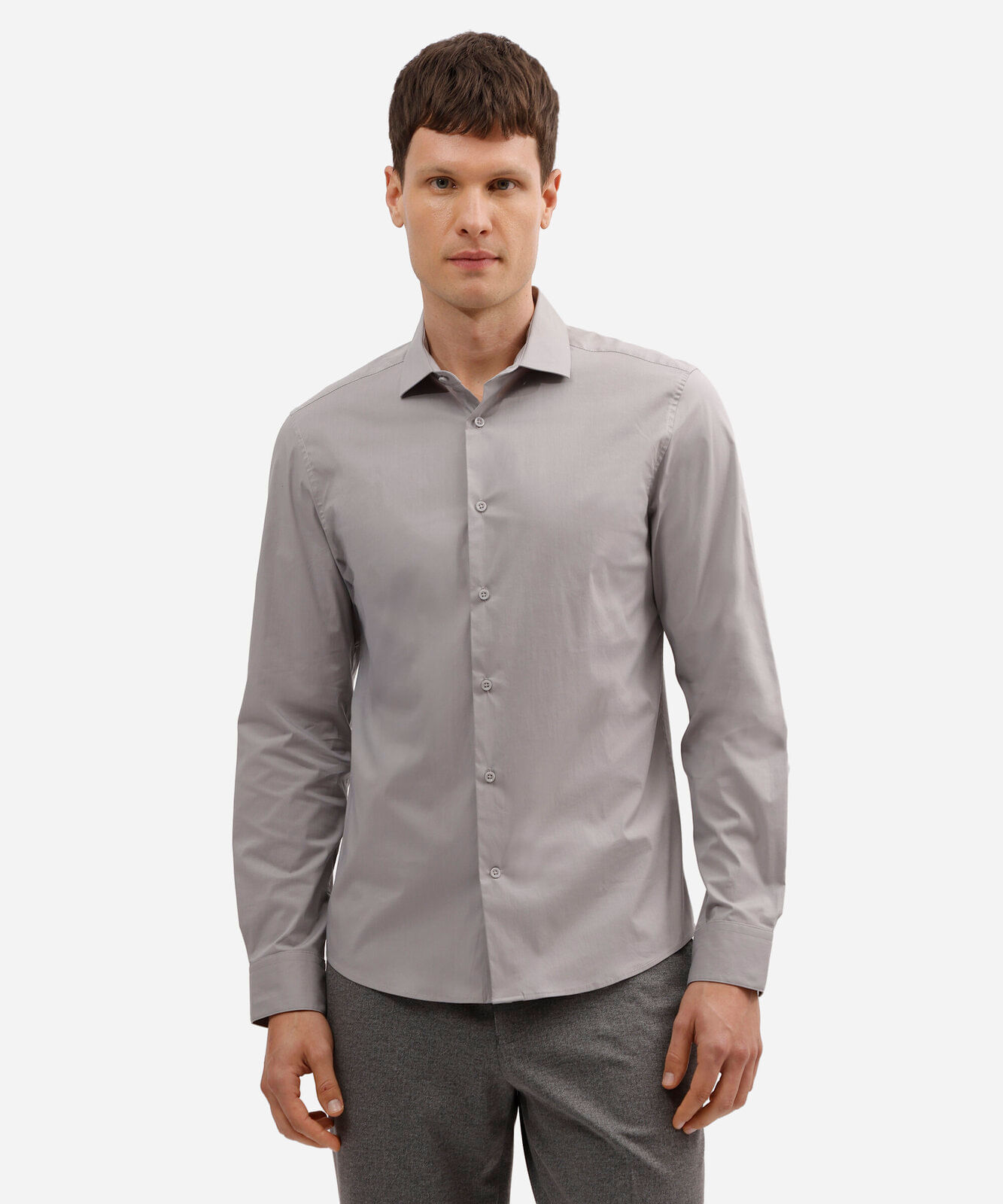 camisa slim fit de algodão manga longa cinza
